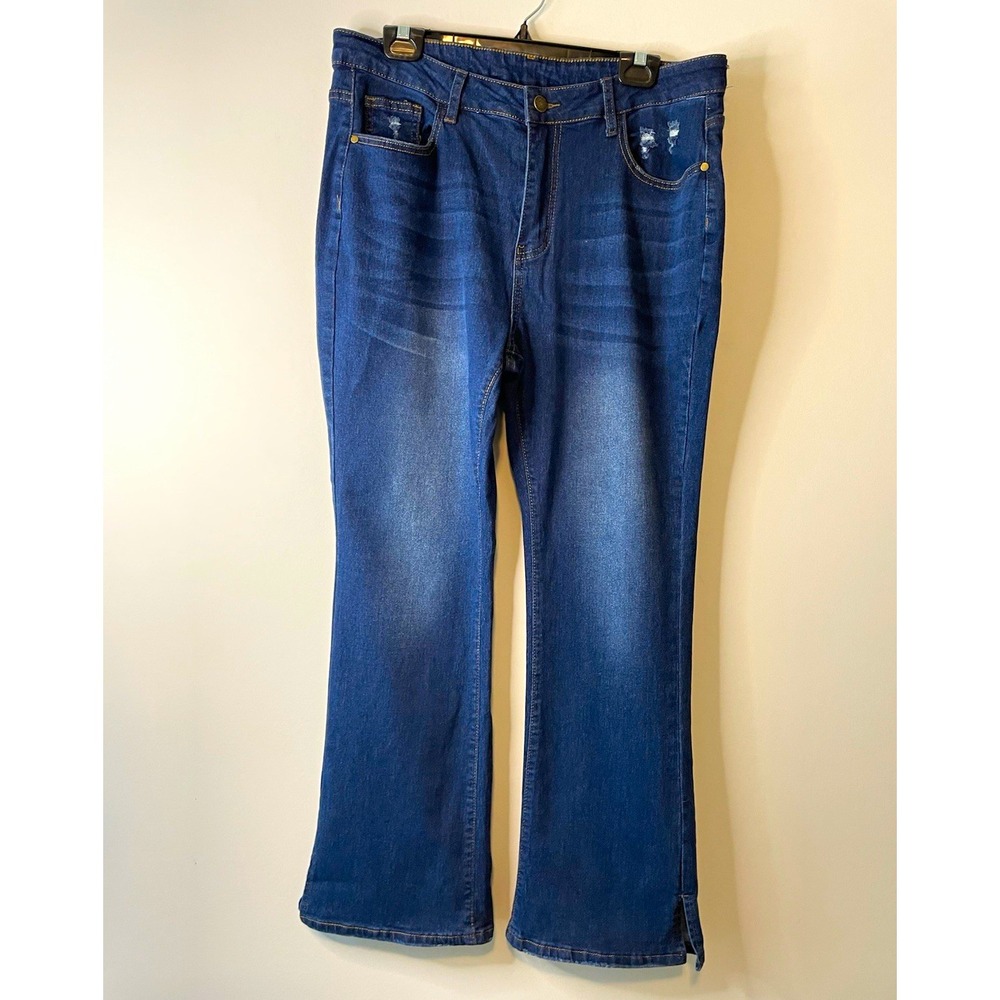 Womens Bootcut Jeans XL Dark Wash Blue Denim High Rise Stretch Distressed